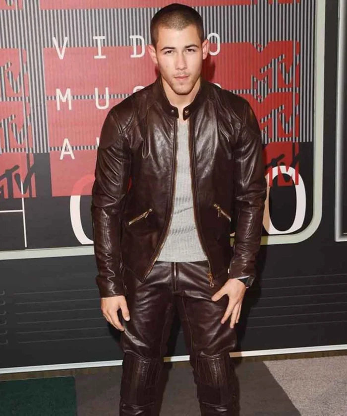 Nick Jonas Style Brown Leather Jacket