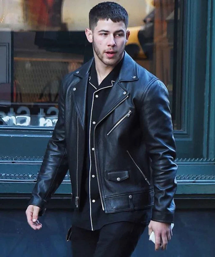 Nick Jonas Black Biker Leather Jacket