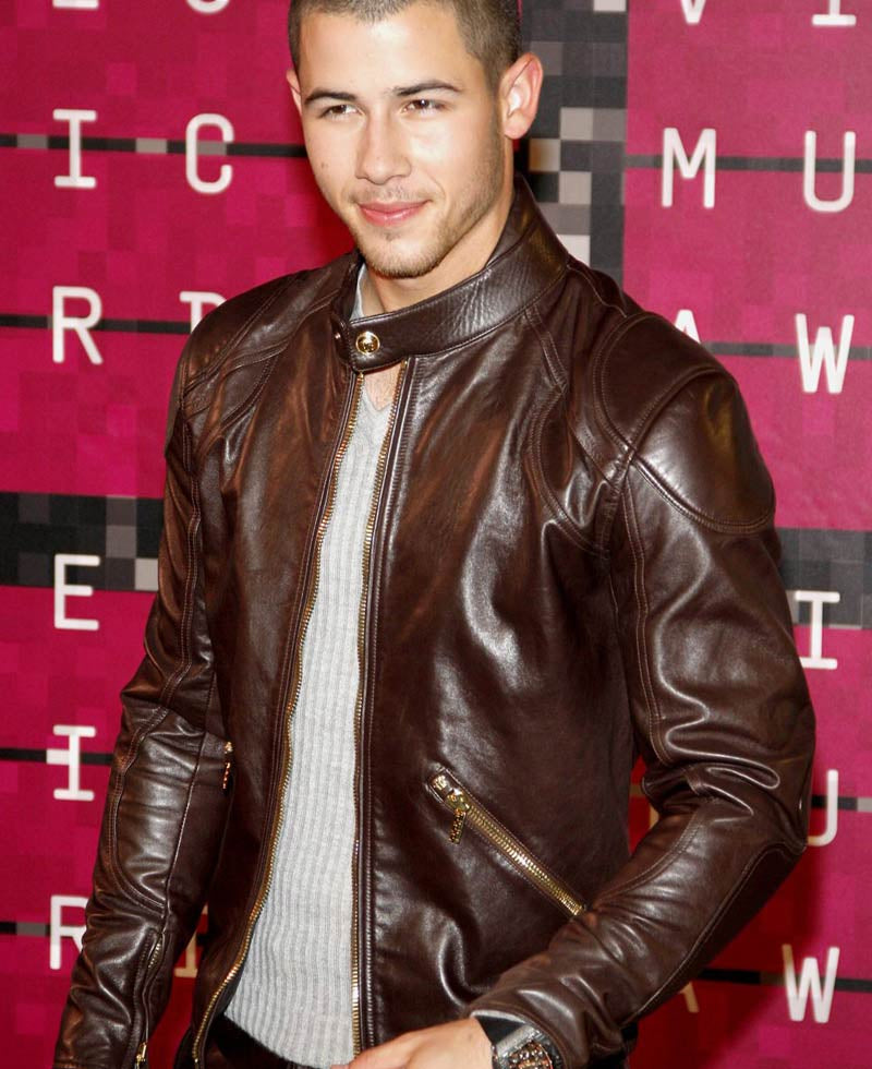 Hollywood Jackets Nick Jonas Brown Leather Biker Jacket