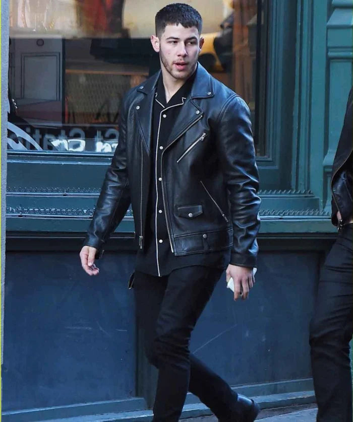 Nick Jonas Black Biker Leather Jacket