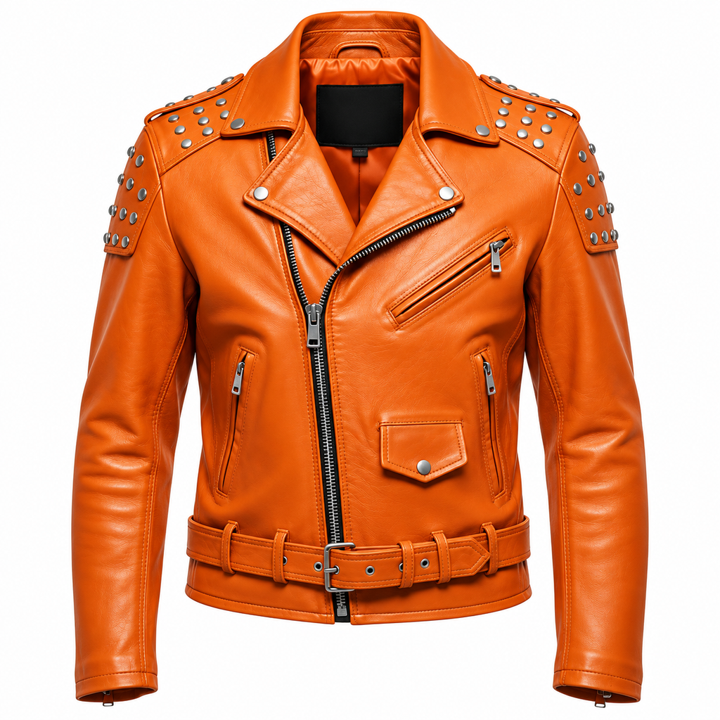 Hollywood Jackets Women’s Halloween Jack-O’-Lantern Studded Leather Biker Jacket