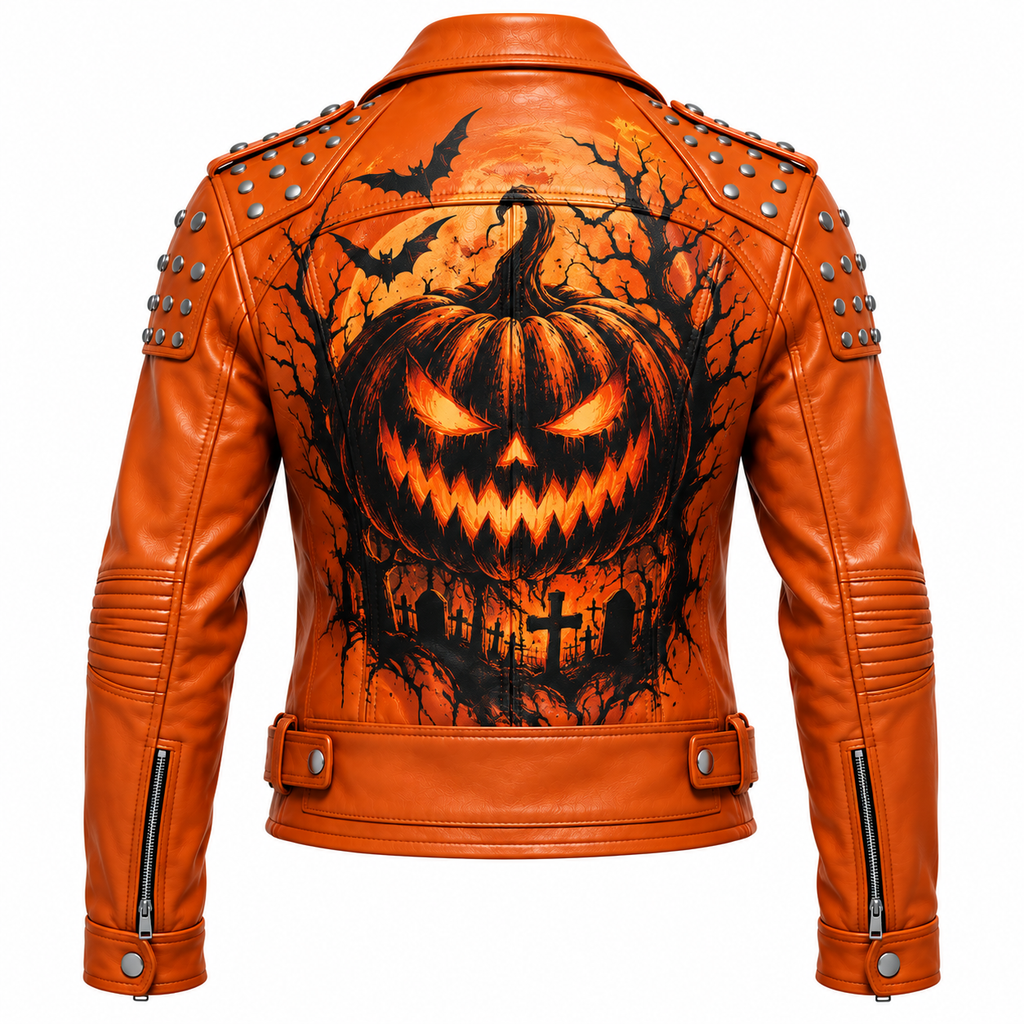 Hollywood Jackets Women’s Halloween Jack-O’-Lantern Studded Leather Biker Jacket