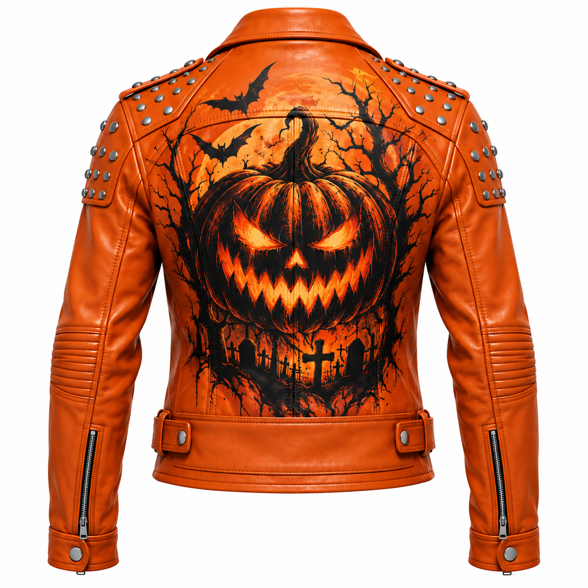 Hollywood Jackets Women’s Halloween Jack-O’-Lantern Studded Leather Biker Jacket