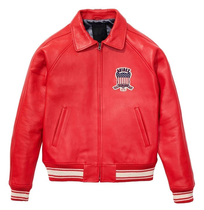 Men’s Avirex Leather Bomber Jacket – Red & Black American Crest Edition | Hollywood Jackets