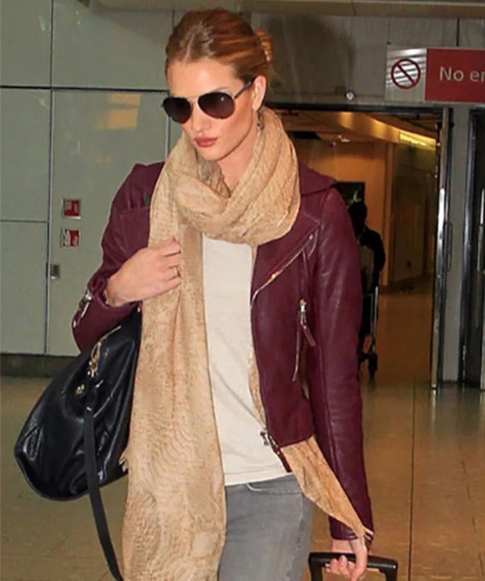 Hollywood Jackets Rosie Huntington Maroon Leather Biker Jacket