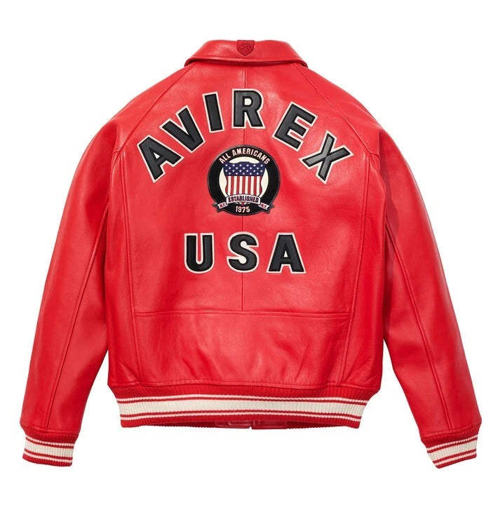 Men’s Avirex Leather Bomber Jacket – Red & Black American Crest Edition | Hollywood Jackets