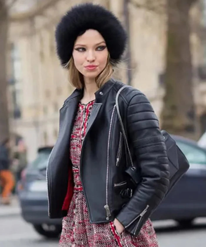 Sasha Luss Black Biker Leather Jacket