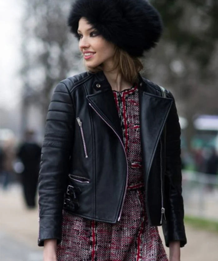 Sasha Luss Black Biker Leather Jacket