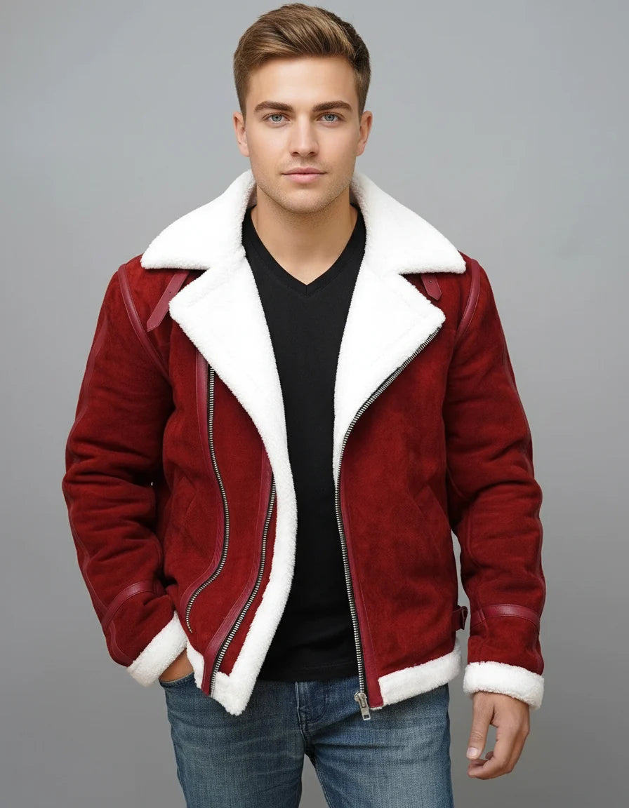 Men’s Red Christmas Shearling Jacket | Hollywood Jackets