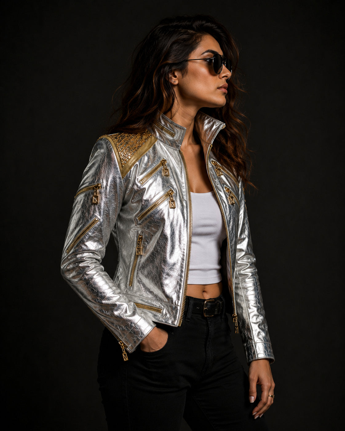 Michael Jackson Silver Metallic Military Leather Jacket Unisex  | Hollywood Jackets