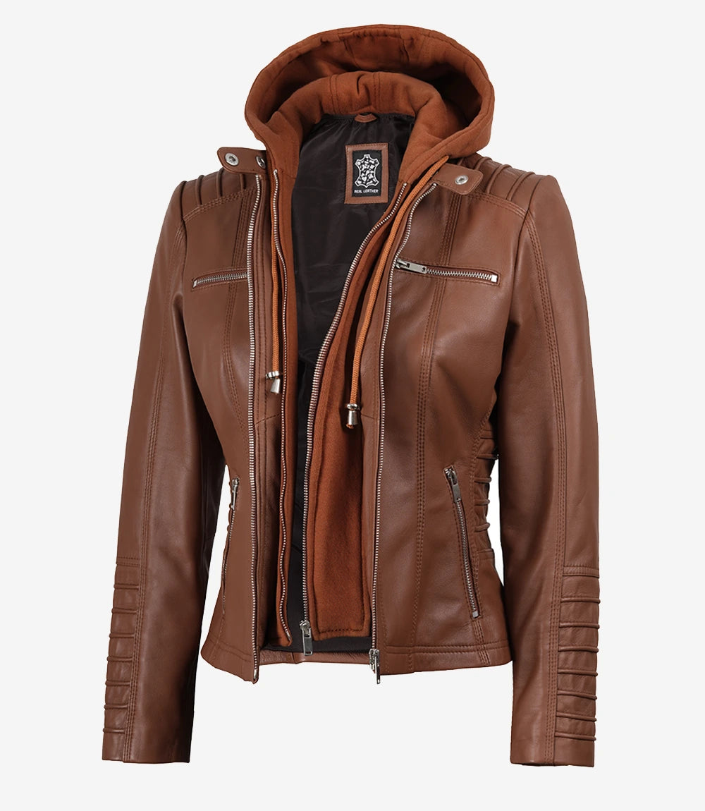 Hollywood Jacket Women's Cognac Brown Leather Jacket With Removable Hood