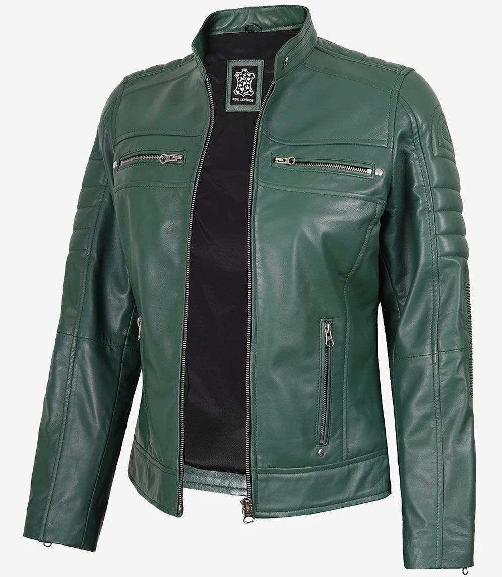 Hollywood Jackets Austin Women’s Green Real Leather Cafe Racer Jacket
