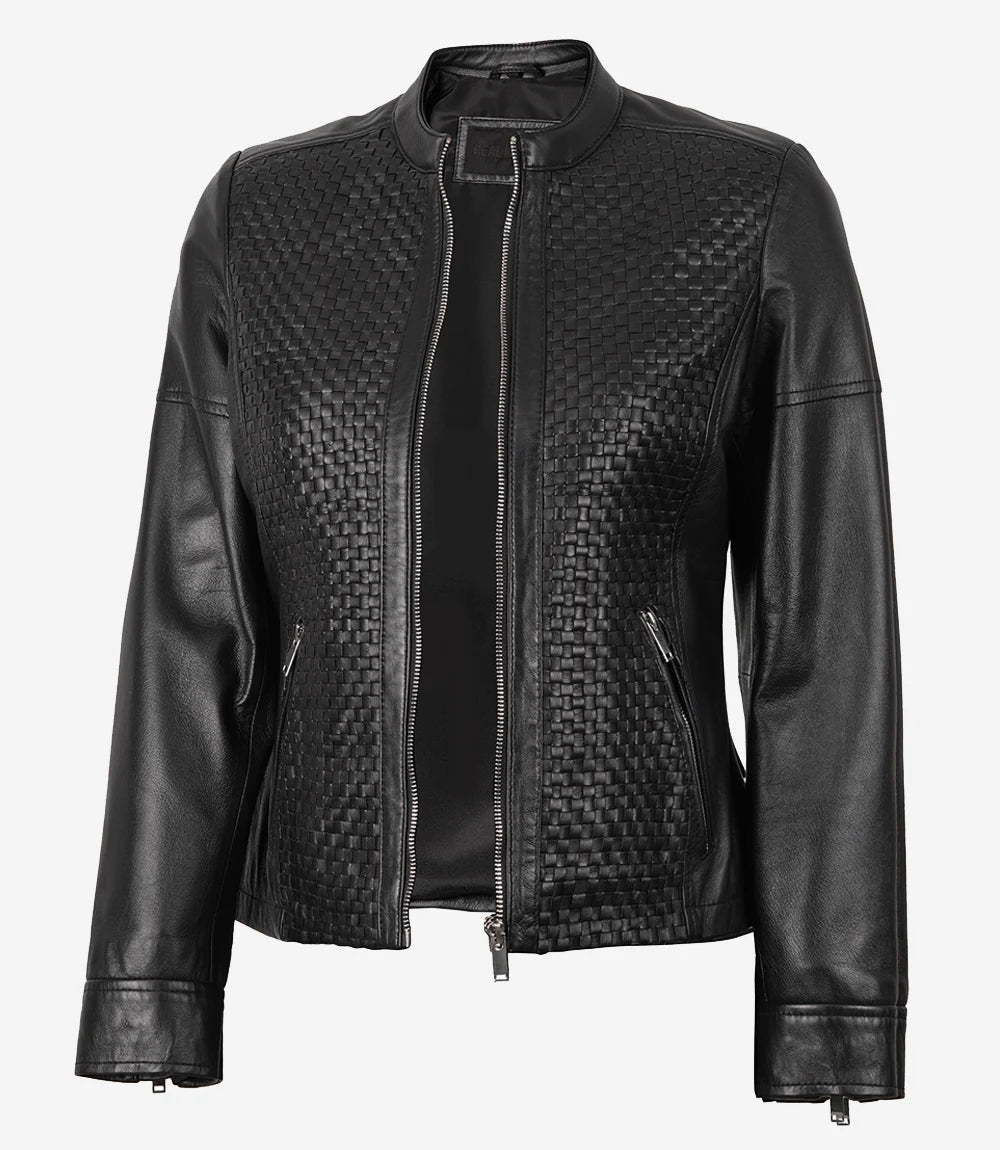 Hollywood Jackets Women’s Black Leather Cafe Racer Textured Jacket