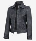 Women's Black Leather Harrington Jacket in Vintage Washed Finish