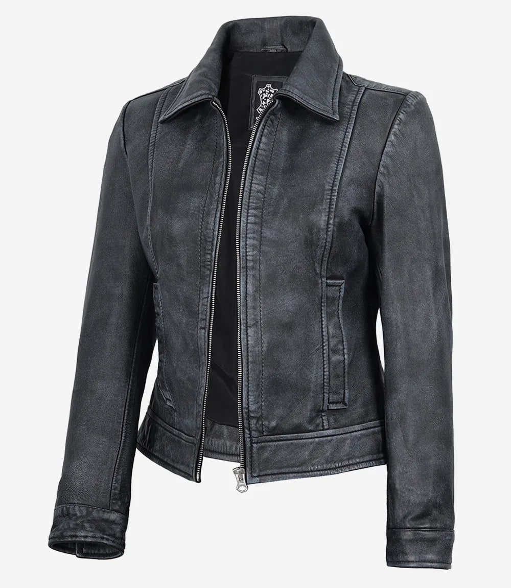 Hollywood Jackets Women’s Black Leather Harrington Jacket - Vintage Washed