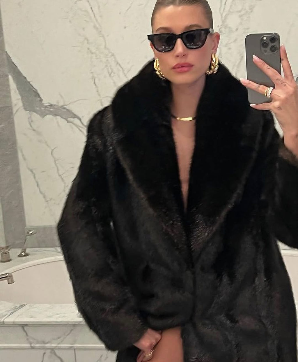 Hollywood Jackets Hailey Bieber Black Fur Coat